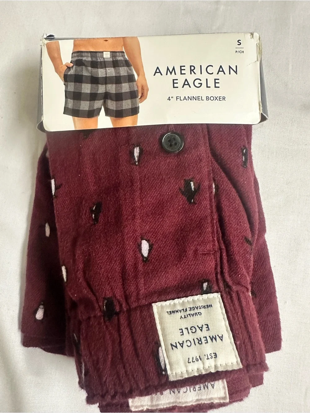 American Eagle Maroon Boxer Shorts with Penguin Motif
